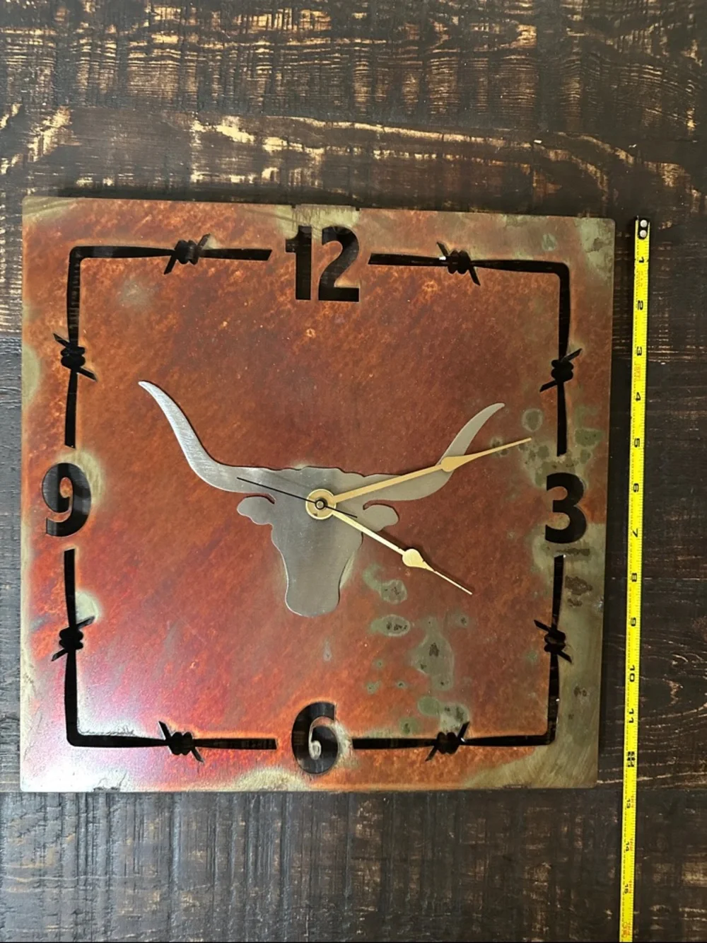 Western Longhorn Metal Wall Clock in Rust Red